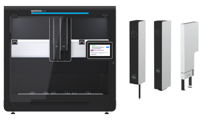Contents of the Workstation. Opentrons Flex next to a 1-Channel Pipette, 8-Channel Pipette, and a Gripper.