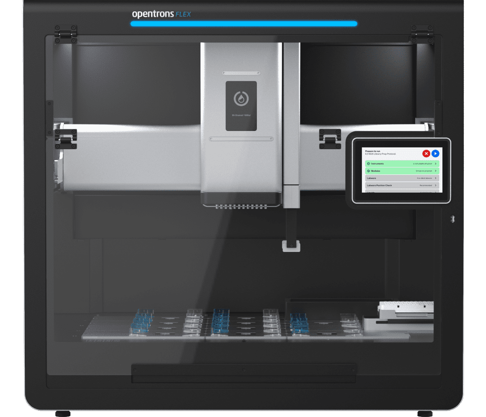 The Opentrons Flex robot, featuring a 96-channel pipetting head, gripper, and on-device display